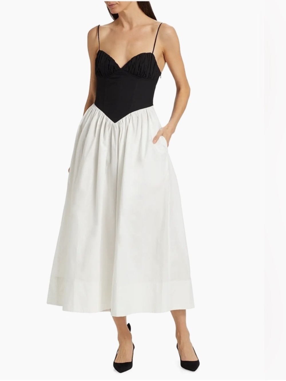 NWT Ronny Kobo Carmine Cotton Fit Flare Midi Dress Black White V Waist Sz M